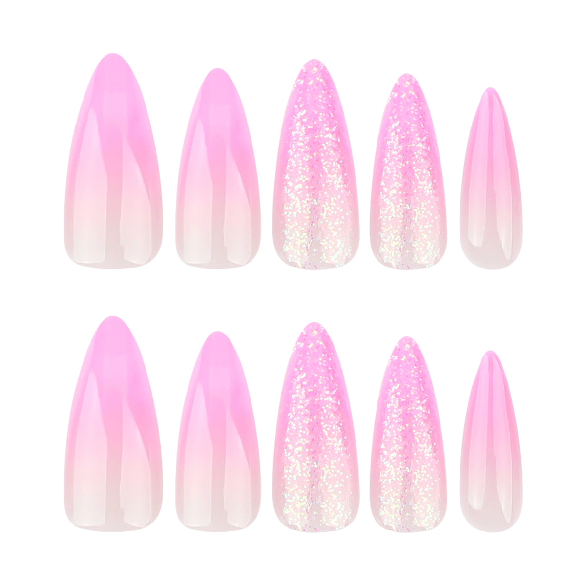 Pink gradient stiletto press-on nail set flat lay with glitter accent nails on white background.