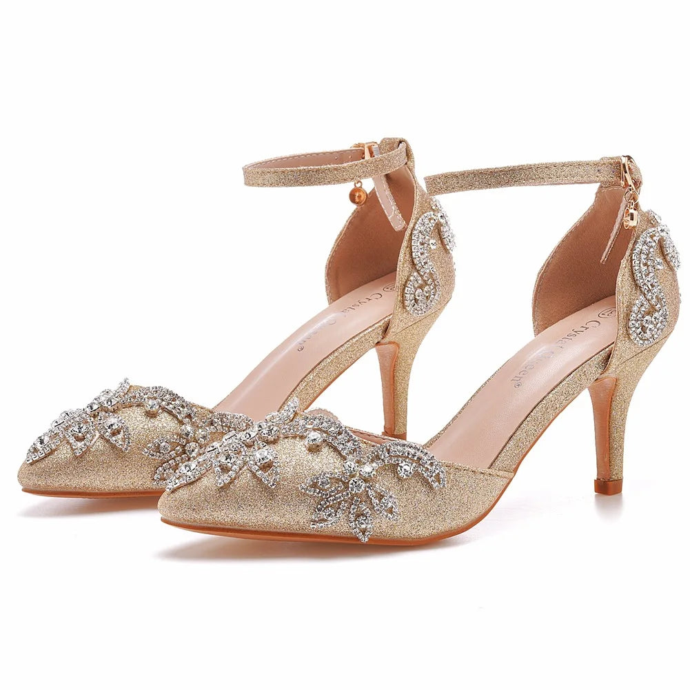 Sparkling Crystal Ankle Strap Heels