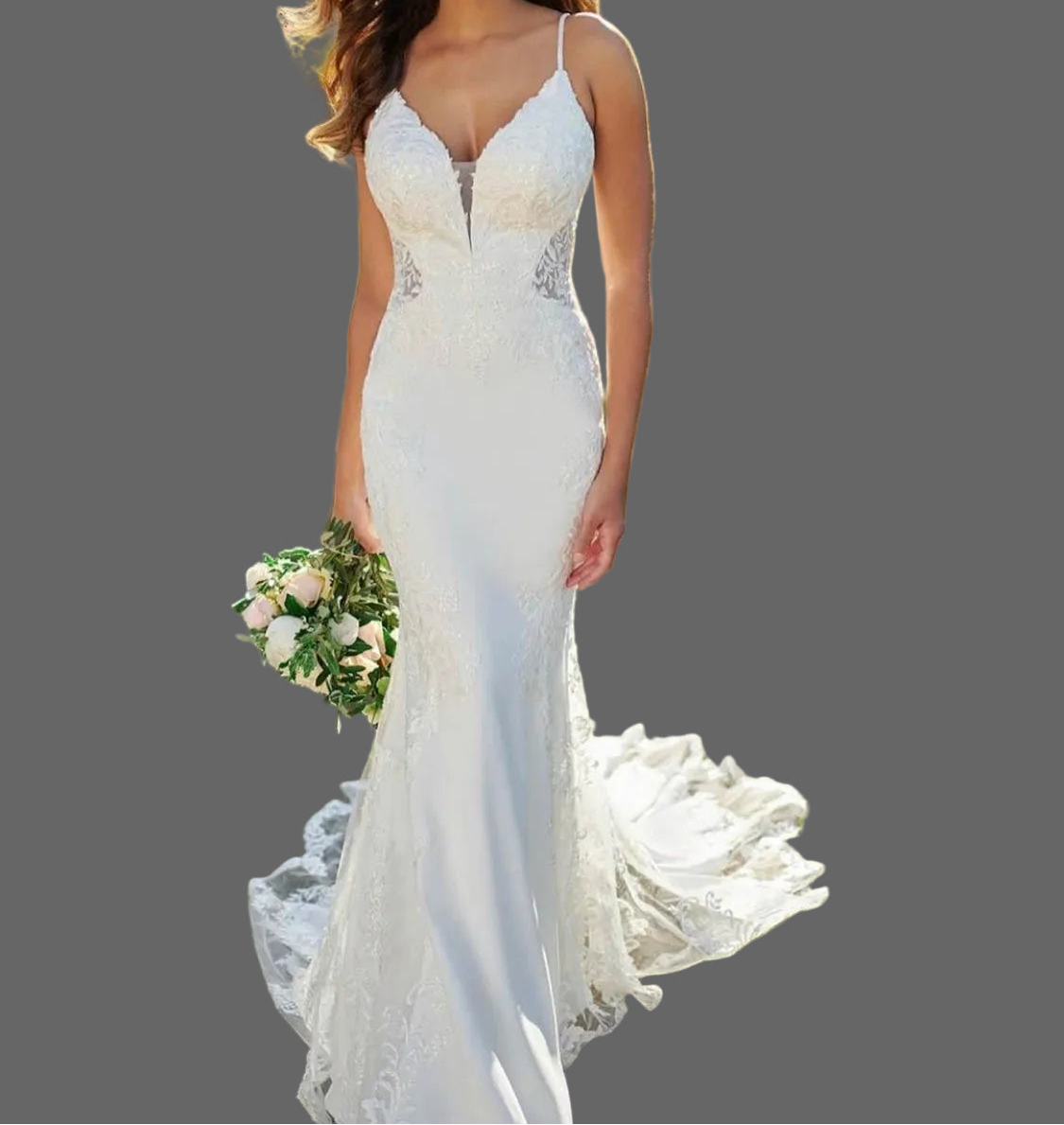 Lace mermaid wedding dress with V-neck and spaghetti straps
