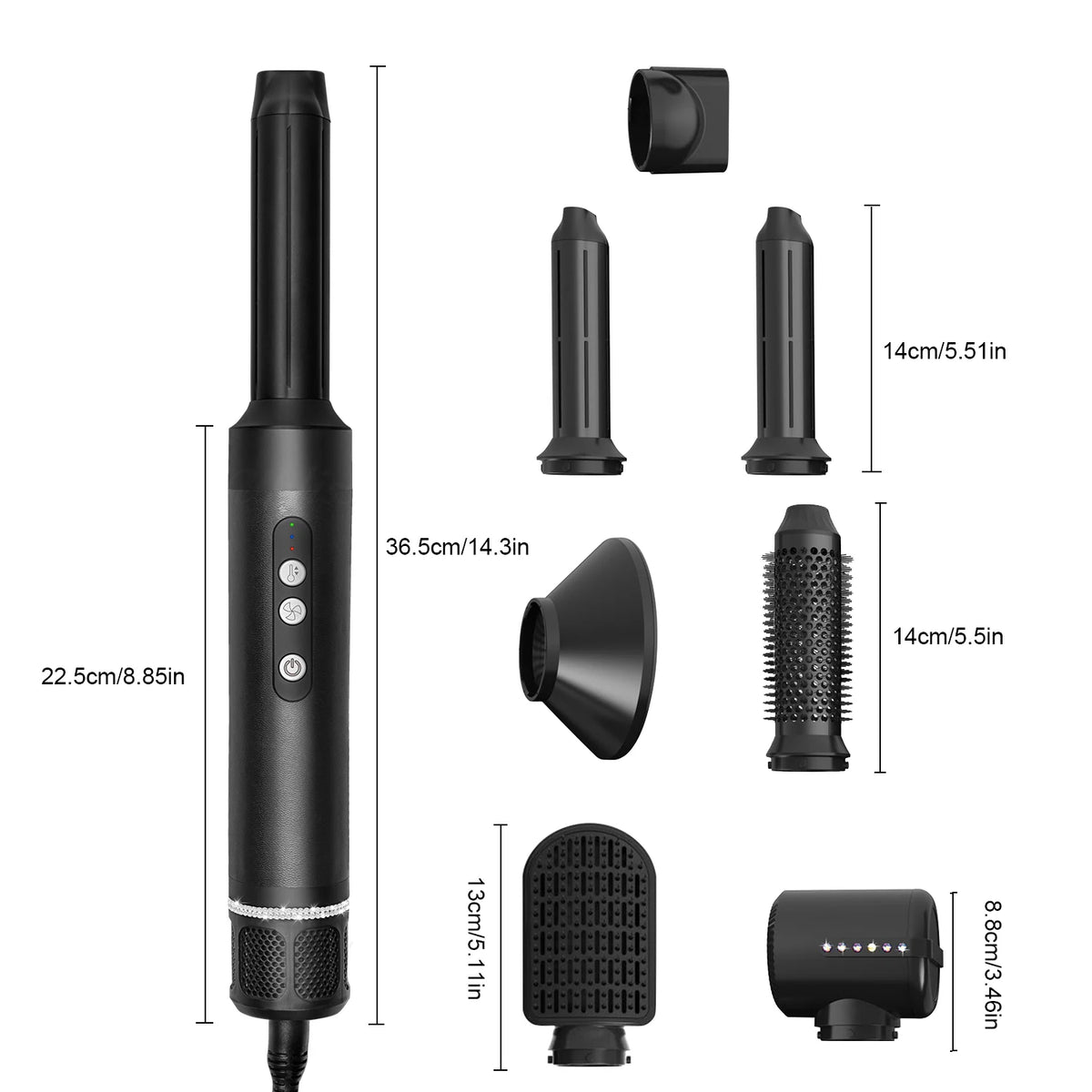 Size chart of 7-in-1 hair styler handle and 6 interchangeable attachments with measurements in cm and inches.