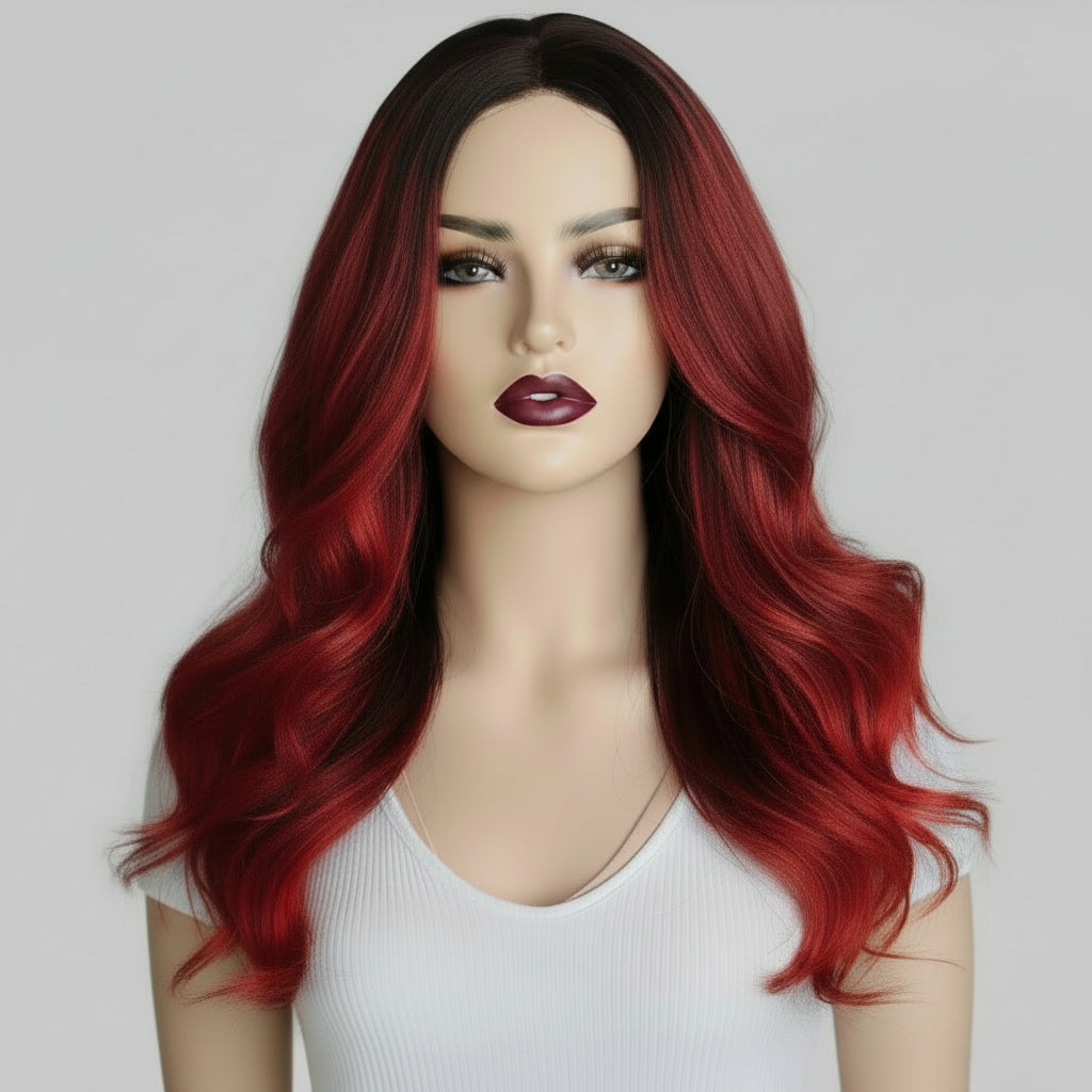 Black Red Long Body Wave Synthetic Wig Front View