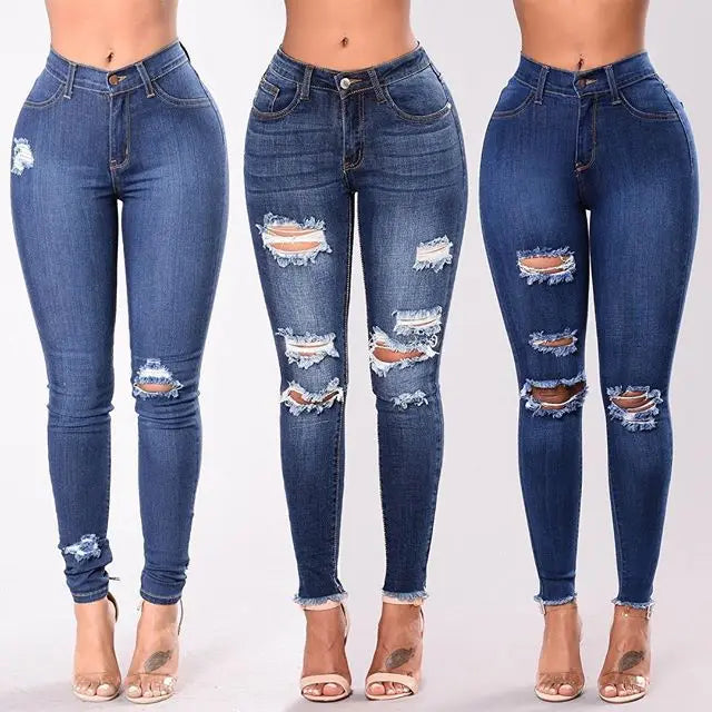 Women's ripped slim denim leggings in blue, body-hugging fit with elastic waist
