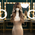 Golden Brown Highlights Long Wavy Wig with Bangs Front View