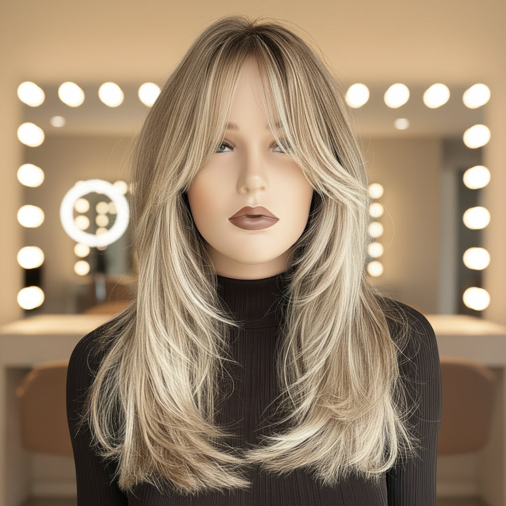 Ombre Gold Straight Synthetic Wig with Bangs - Front view