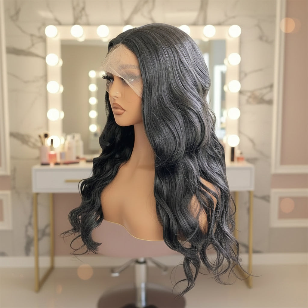 Black Water Wave Lace Front Wig - Side View, Synthetic Fiber, Pre-Plucked Hairline