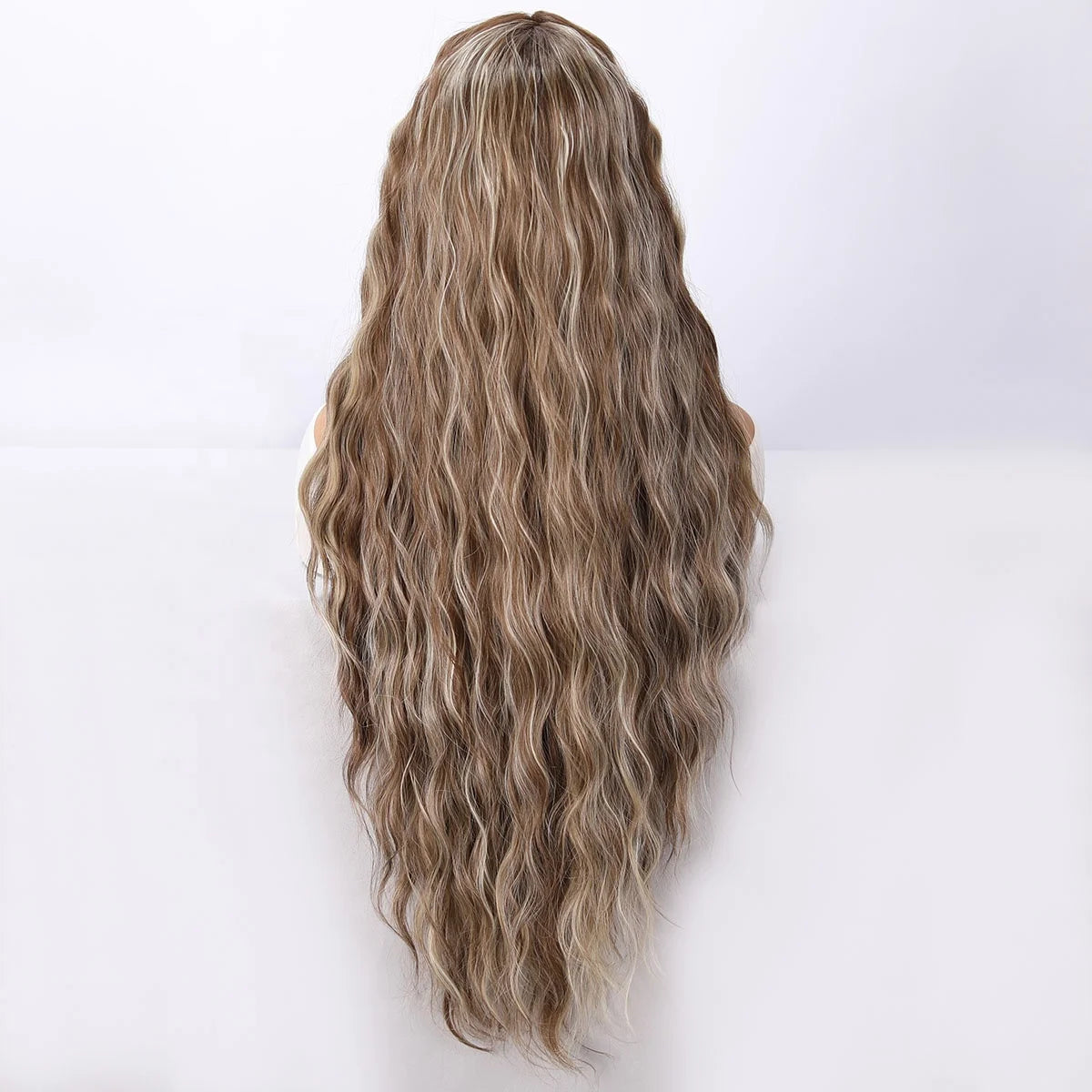 Back view of 30 inch wavy lace front wig in ash brown to blonde gradient