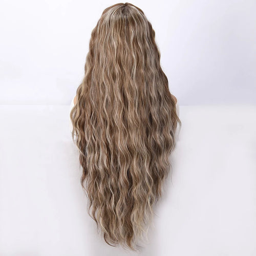 Back view of 30 inch wavy lace front wig in ash brown to blonde gradient