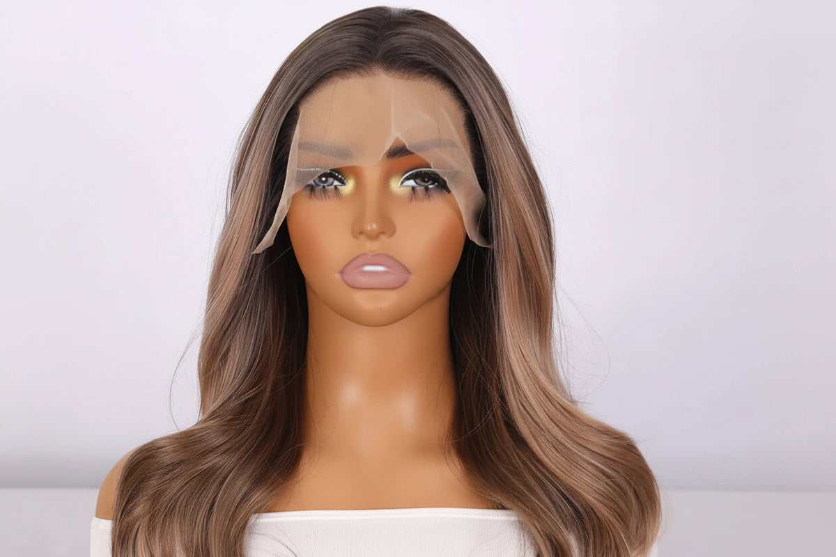Brown Gradient Long Natural Wave 13x3 Lace Front Wig Front View