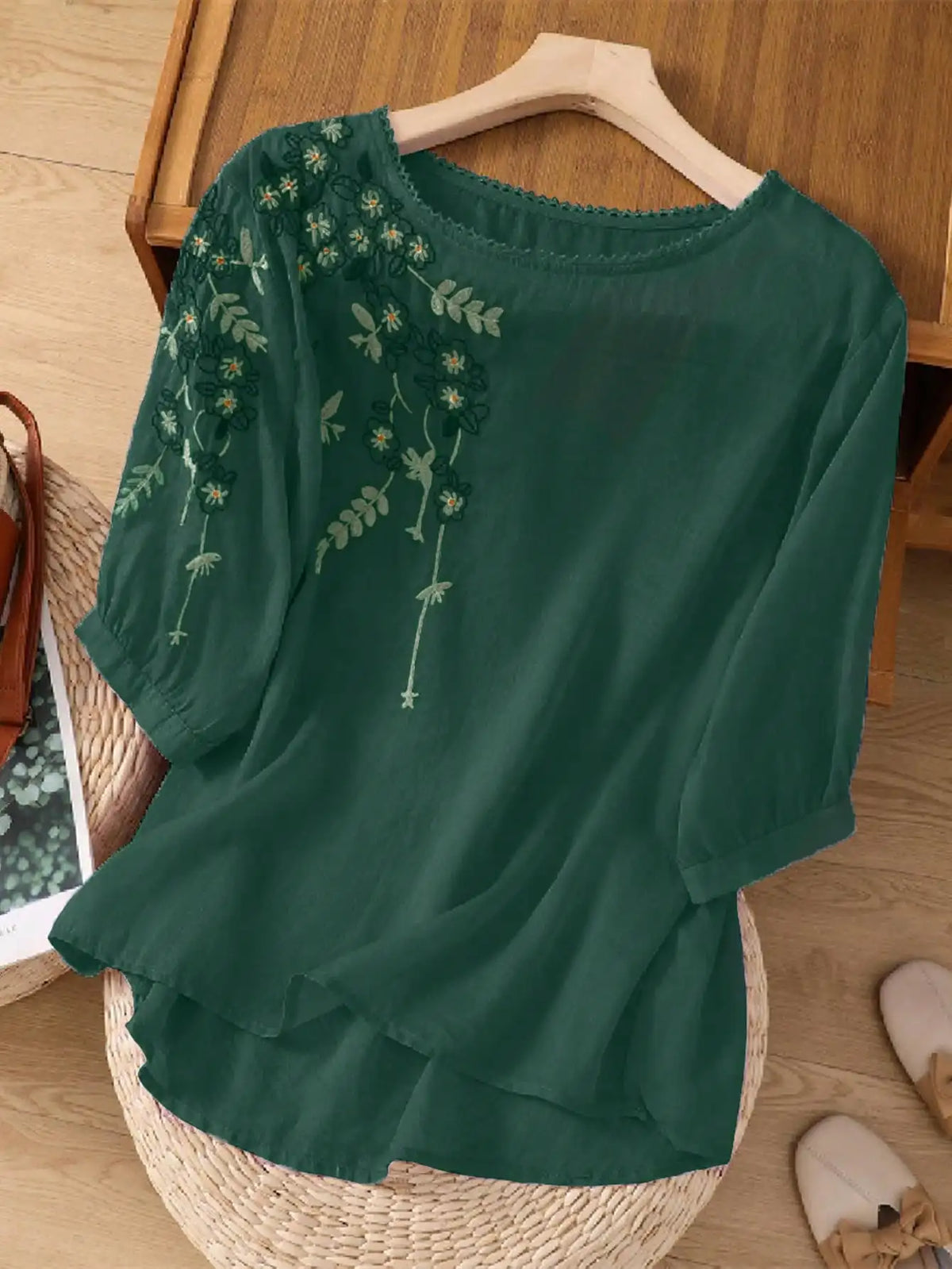 Casual Floral Embroidered Summer Blouse Front View