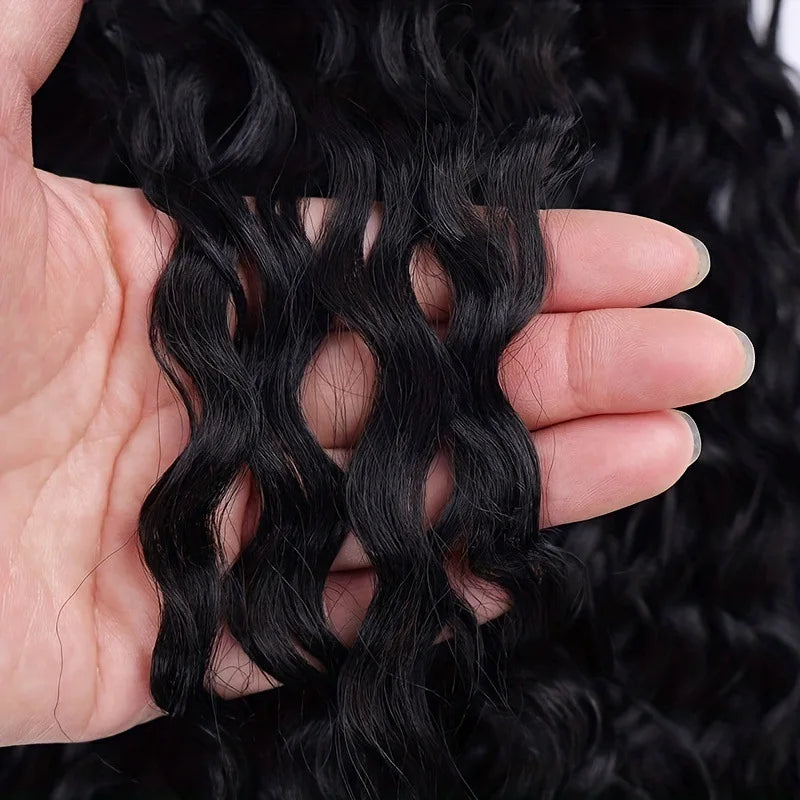Image 7 — Close-up of water wave human hair texture held in hand, natural black, soft and bouncy
