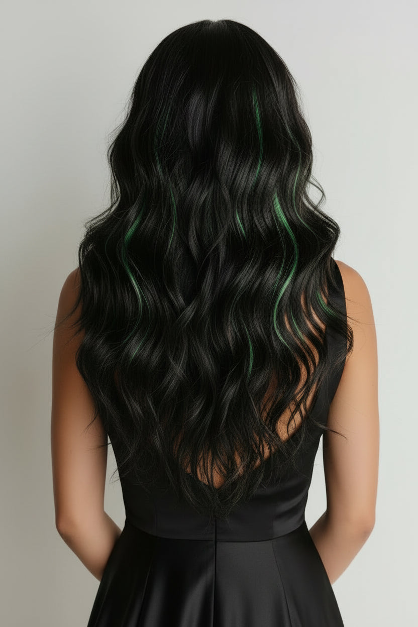 Black Green Gradient Long Wavy Wig with Bangs Back View