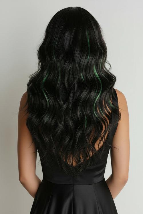 Black Green Gradient Long Wavy Wig with Bangs Back View