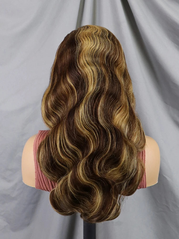 Long wavy wig with dark brown and golden blonde highlights, displayed on a mannequin head against a gray fabric backdrop.