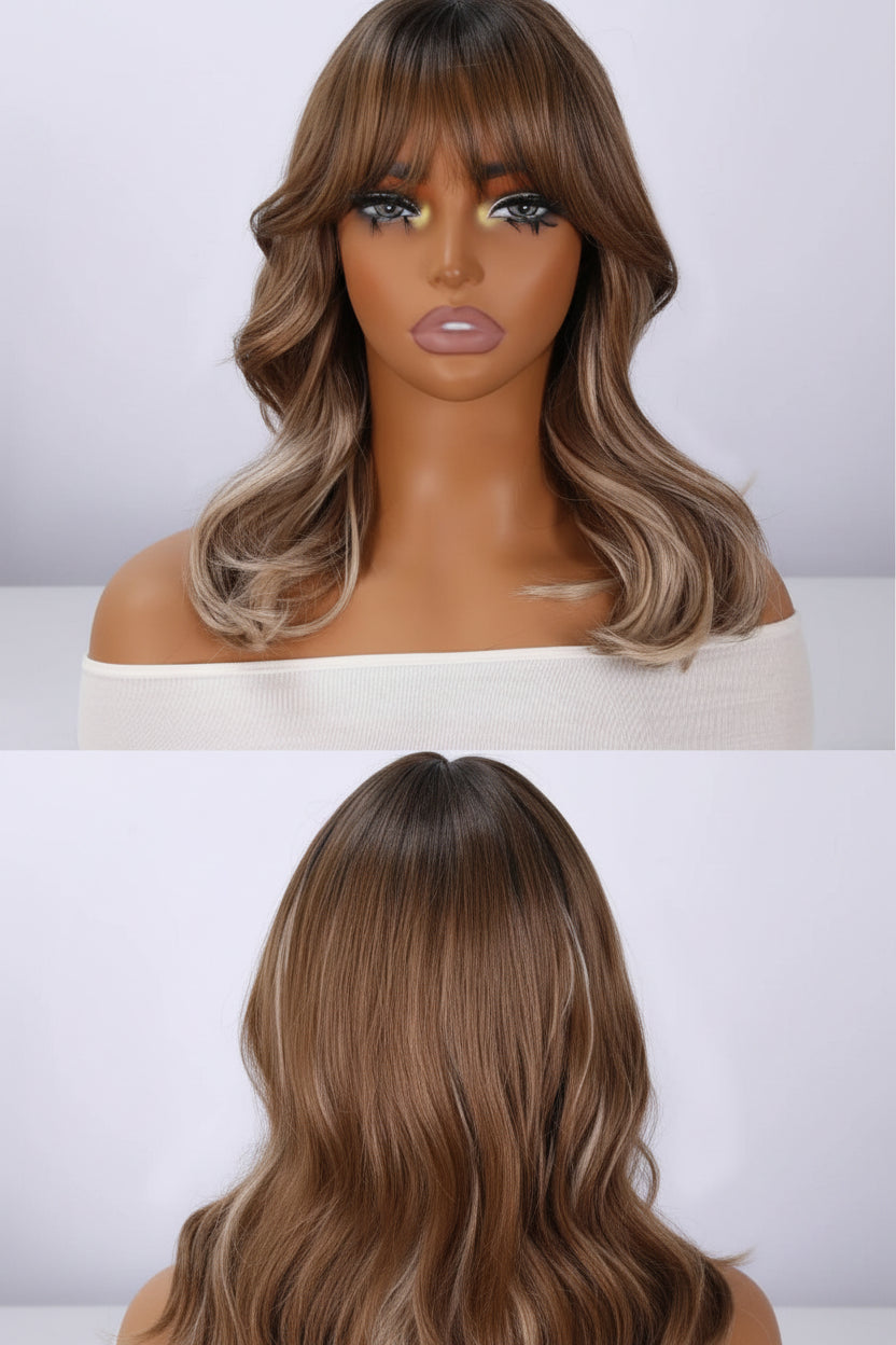 Brown Gold High Gloss Loose Wave Synthetic Wig with Bangs