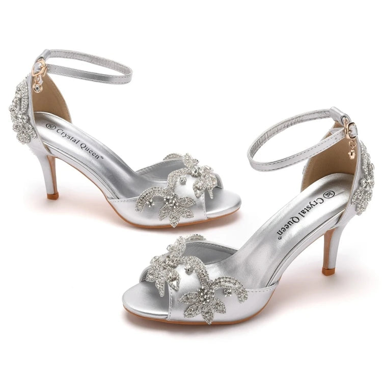 Crystal embellished open toe heels with ankle strap