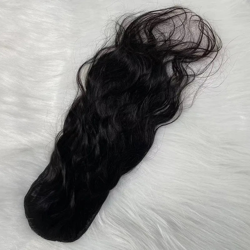 Image 3 — Black body wave 100% human hair drawstring ponytail — full extension flat lay showing wave texture, top view
