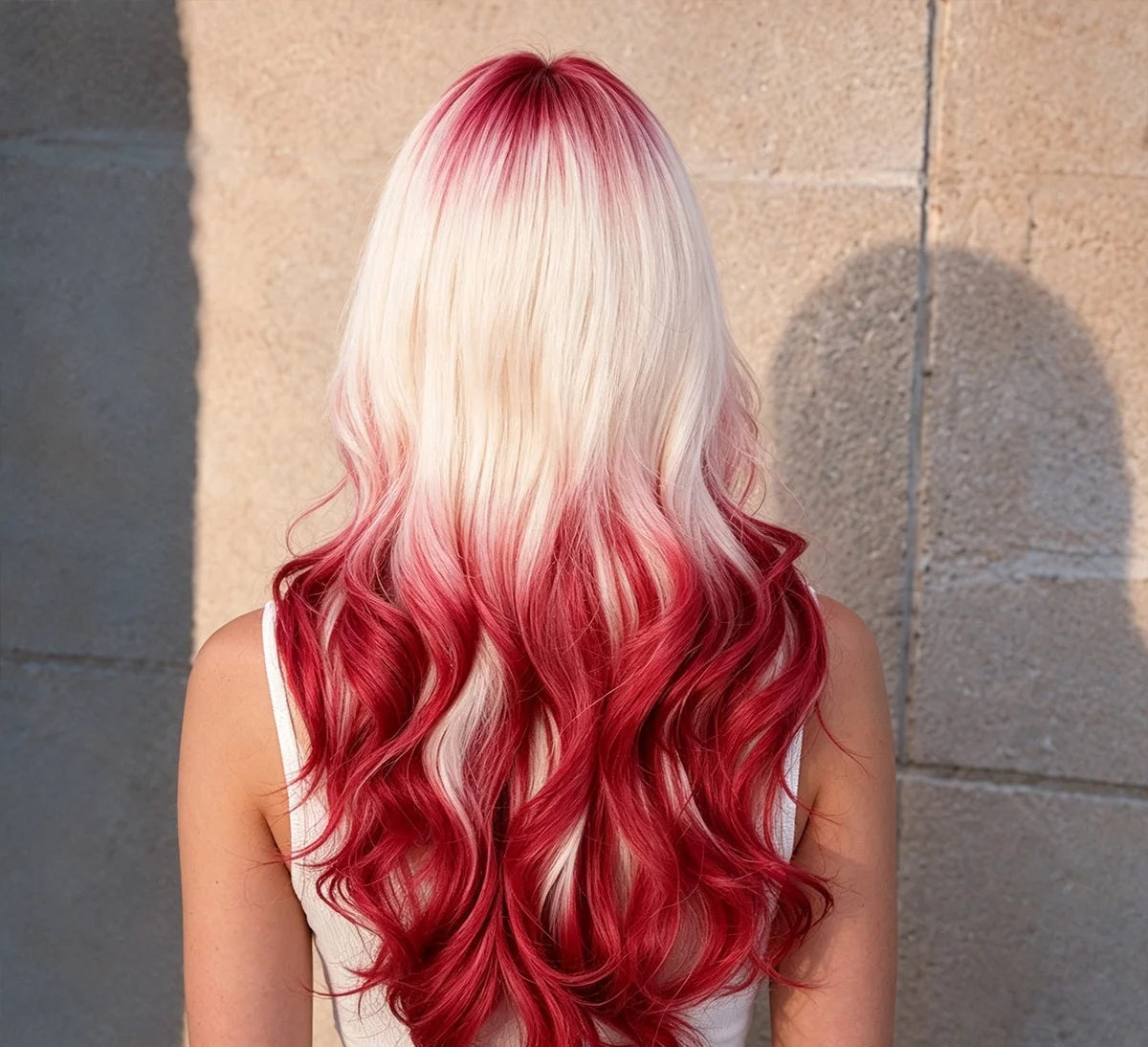 Image 2 (back view): Back view of long wavy red gradient pink synthetic wig showing full ombre from platinum roots to deep red ends, 26 inch