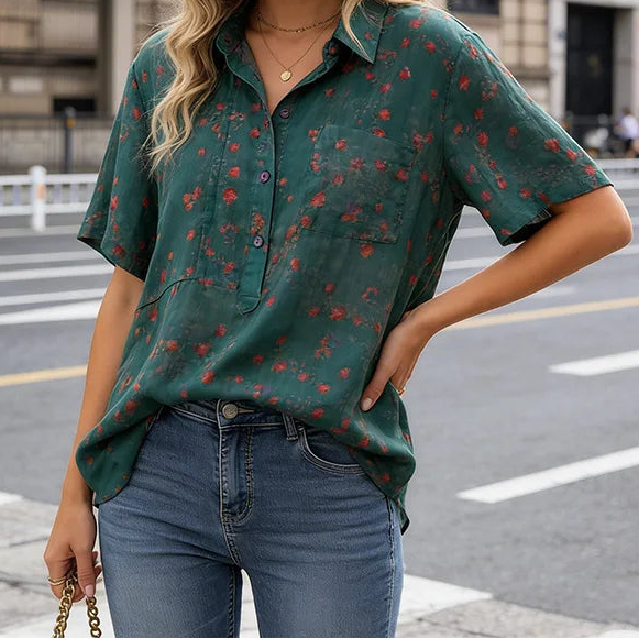Green Floral Bohemian Stand-Collar Short-Sleeve Top Front View