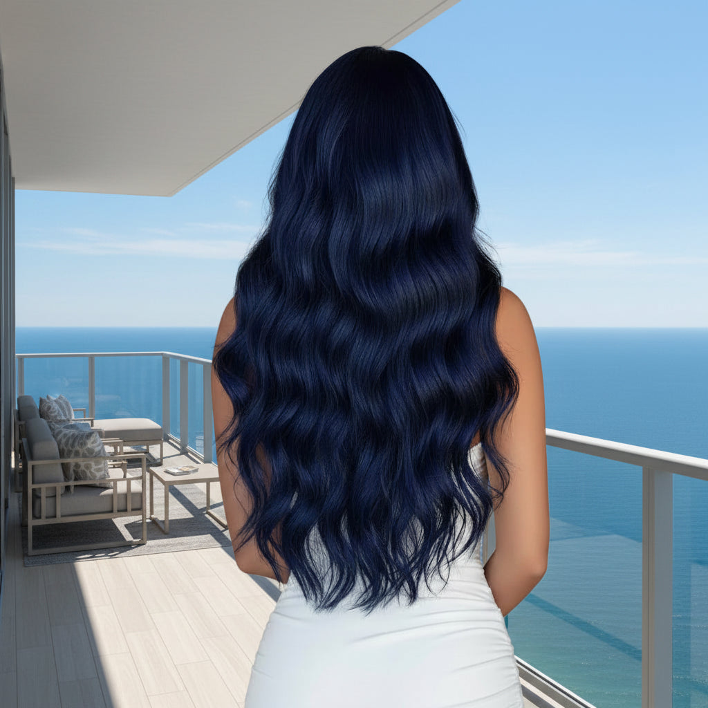 Blue Transparent Lace Synthetic Wig - back view
