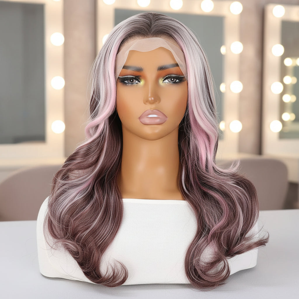 Platinum and pink gradient wavy lace front wig, 22 inch stretched length, heat resistant synthetic, 150% density, glueless cap