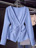 Blue Pleated V-Neck Slim-Fit Button Shirt