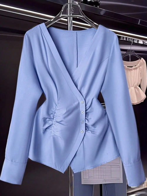 Blue Pleated V-Neck Slim-Fit Button Shirt