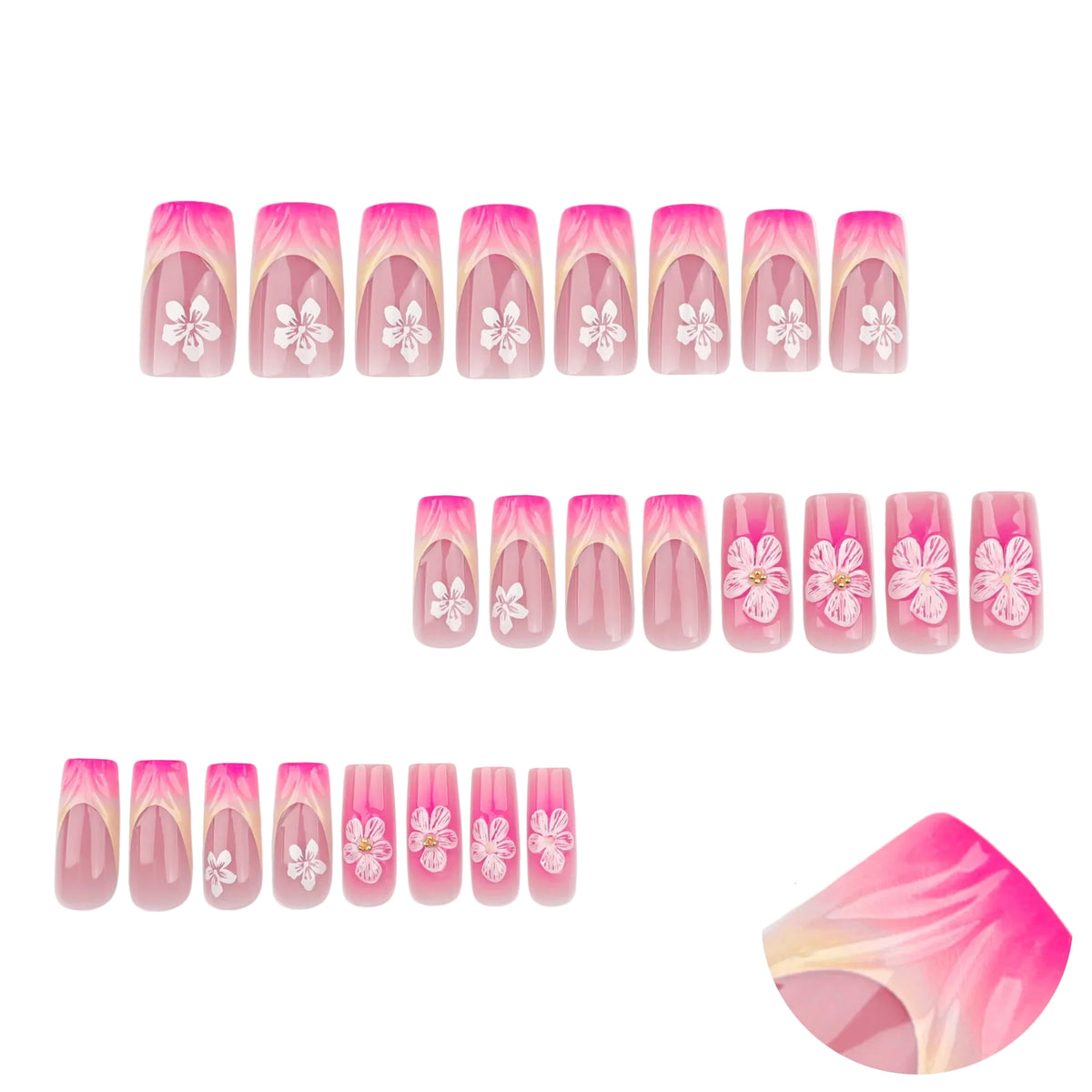 Set of pink and white floral nail art designs with a 3D effect on a white background.