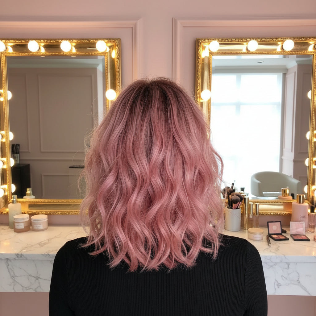 Pink Curly Bob Synthetic Wig with Bangs - Back view