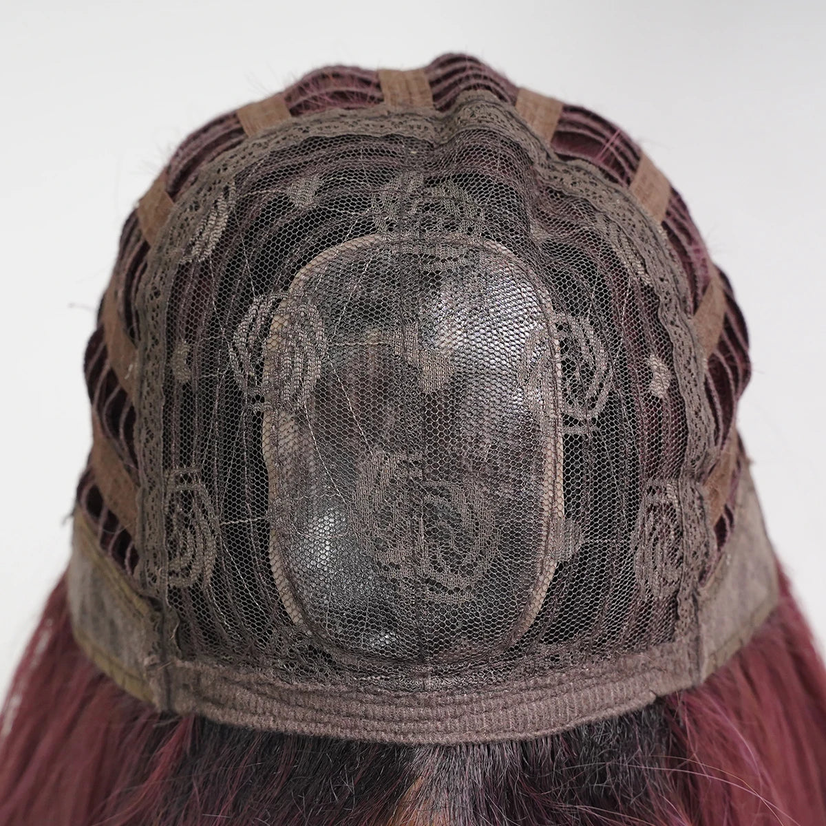 Purple Gradient Long Straight Lace Wig with Bangs Cap construction