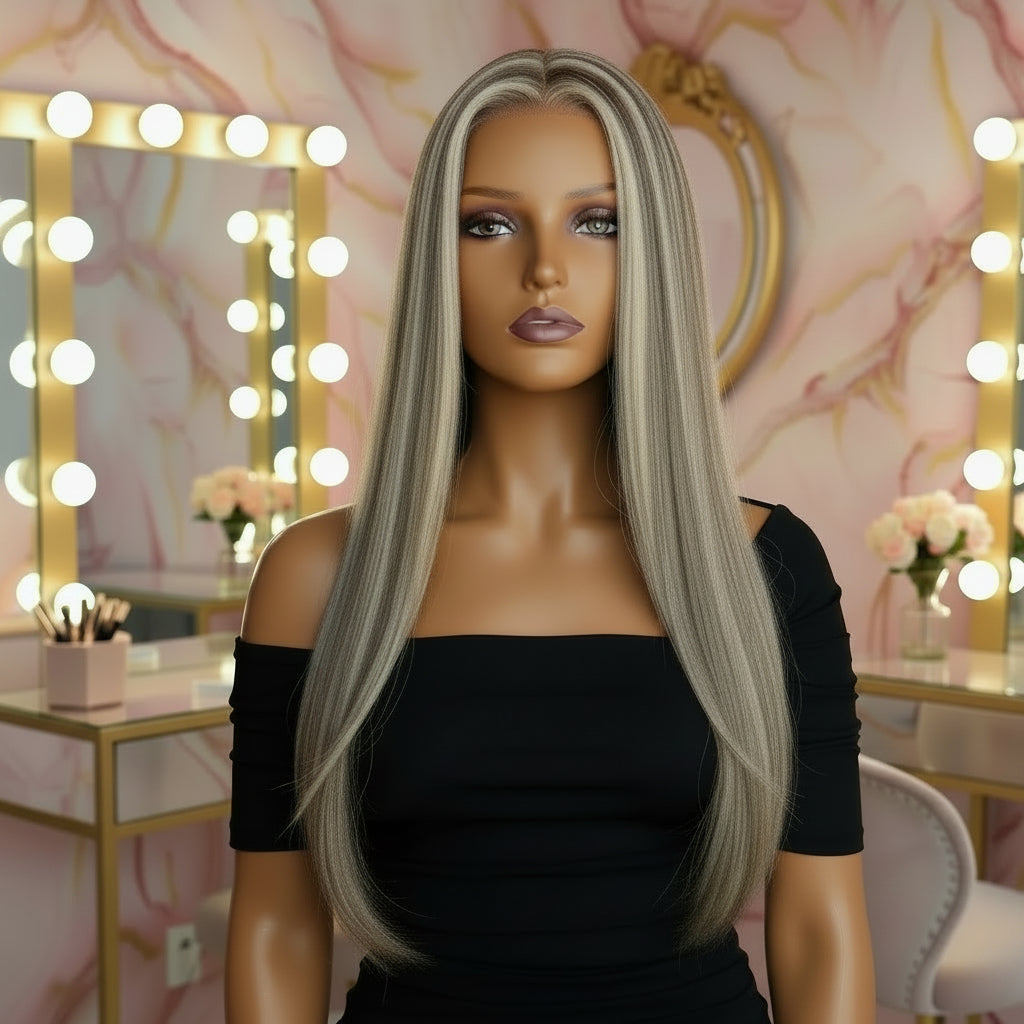 Ash Brown with Blonde Highlights Straight 13x3 Lace Front Wig - Front View