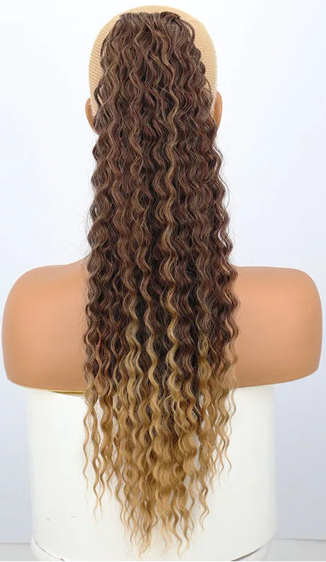 Image 7 — Water wave synthetic drawstring ponytail — Natural Black (1B), back view on mannequin
