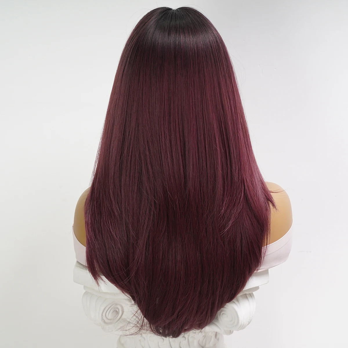 Purple Gradient Long Straight Lace Wig with Bangs Back View