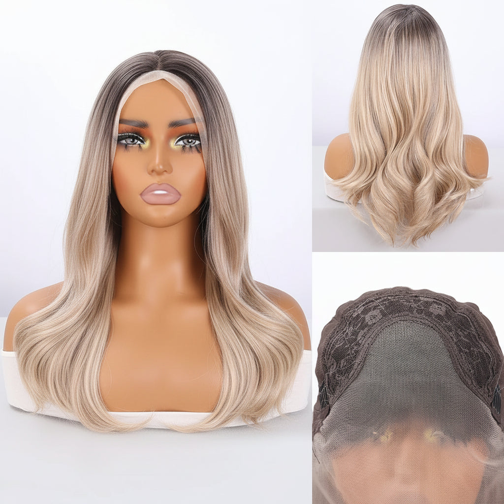 Blonde Dark Roots 13x4 Lace Front Curly Synthetic Wig - Front, Back, Cap construction
