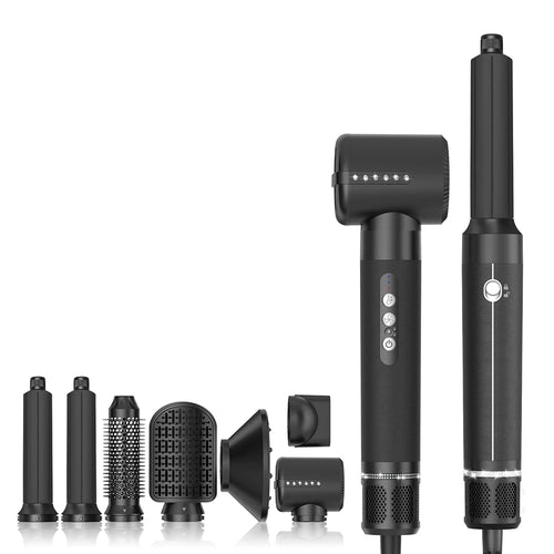 7-in-1 ionic hair styler in black with 7 interchangeable heads on white background.