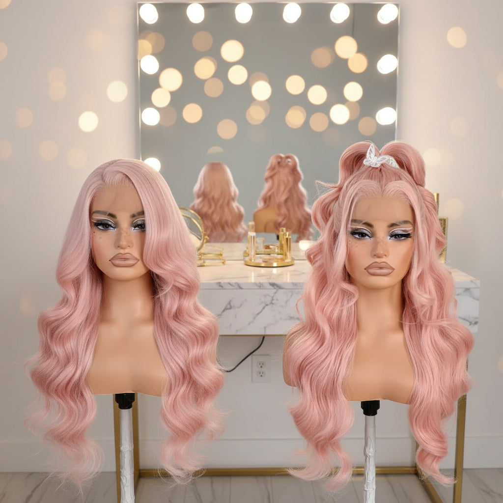 Pink Wave 13x4 Lace Front Wig - Full Head View, Transparent HD Lace, Natural Hairline

