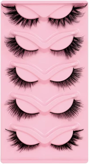 Five pairs of black false eyelashes arranged vertically on a pink display card.
