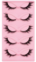 Five pairs of black false eyelashes arranged vertically in a pink plastic tray.