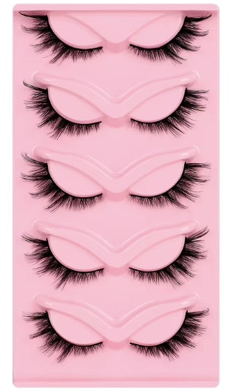 Five pairs of black false eyelashes arranged vertically in a pink plastic tray.