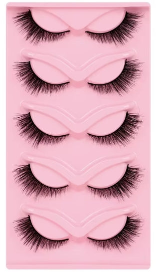 Five pairs of black false eyelashes arranged in a pink plastic tray, photographed against a white background.