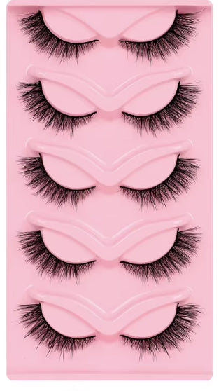 Five pairs of black false eyelashes arranged on a pink display card.