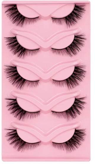 Five pairs of false eyelashes displayed on a pink plastic tray, arranged vertically with alternating curved and straight lash patterns.
