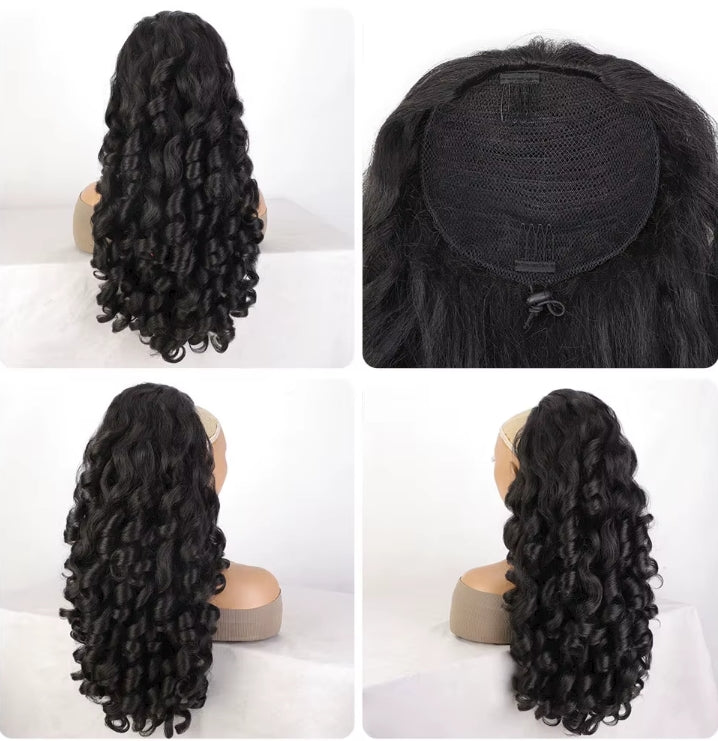 Image 3 — Bouncy curly synthetic drawstring ponytail in Natural Black — 4-panel view showing back, cap/drawstring detail, and side angles on mannequin
