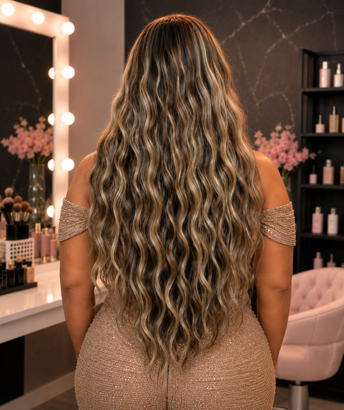 Camel Gold Highlights Wavy Curly 13x3 Lace Front Wig Back View