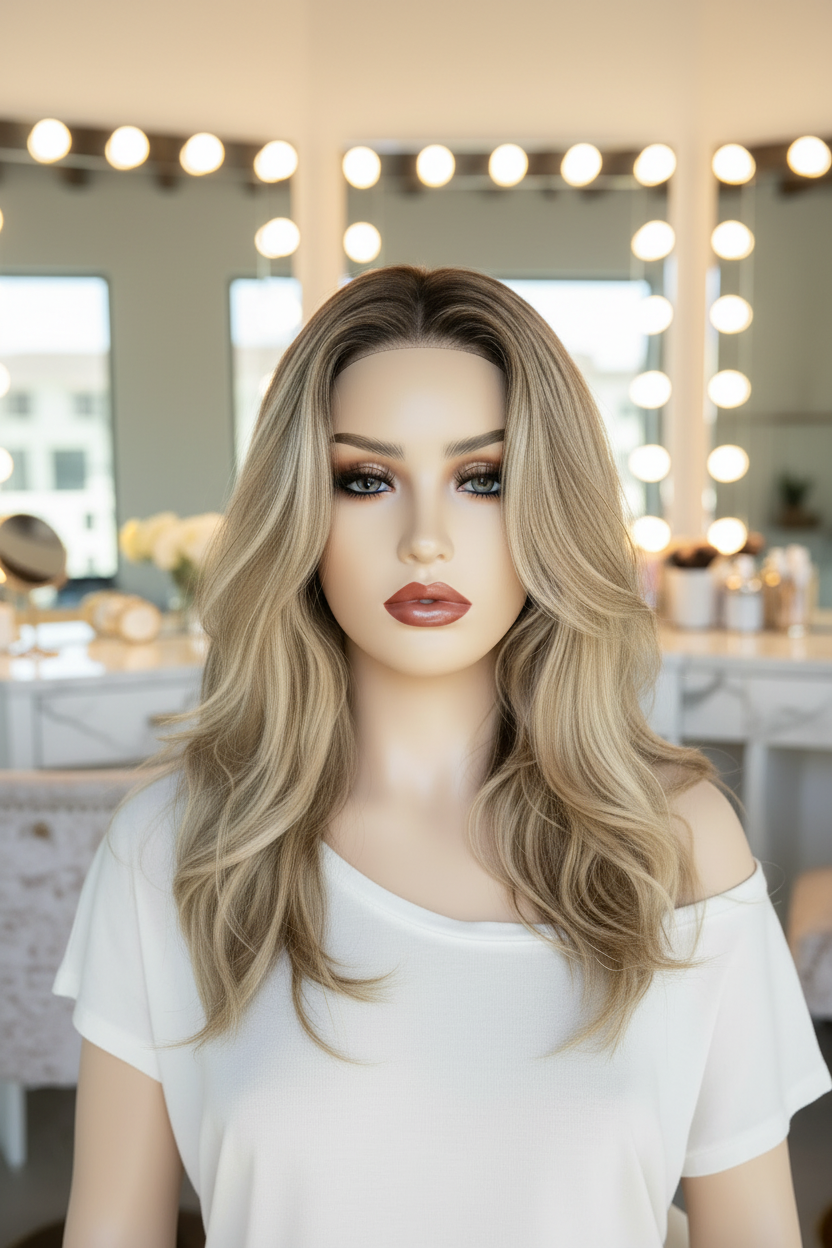Blonde Dark Roots 13x4 Lace Front Curly Synthetic Wig - Front View