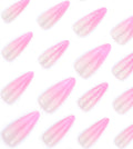 Pink gradient coffin-shaped press-on nails with glitter accents, arranged in a repeating pattern on a white background.