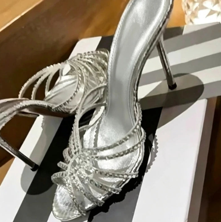 Rhinestone Open-Toe Slip-On Heels