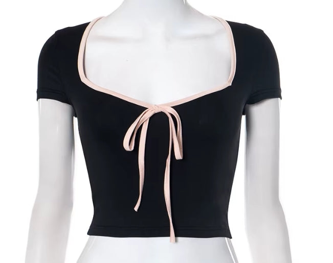 Black square neck short sleeve crop top with cream contrast trim and tie-front detail